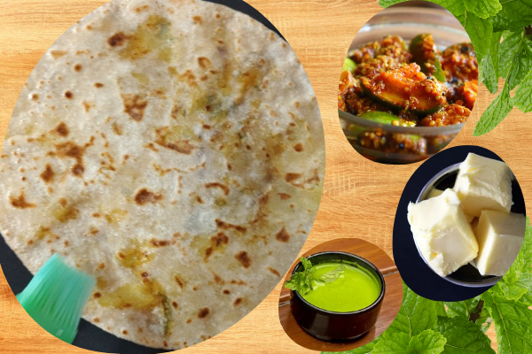 Aloo Paratha with pickle, butter and mint chutney
